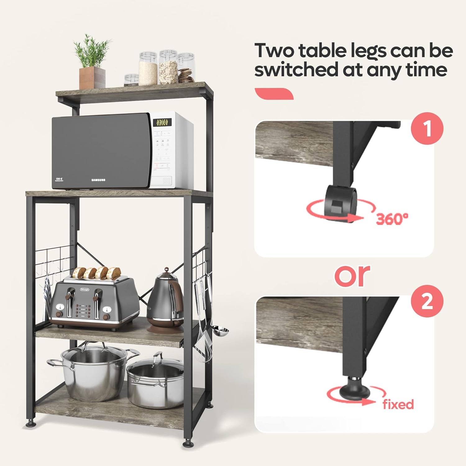 Kitchen Bakers Rack Microwave Stand Kitchen Cart on Wheels Utility Storage Shelf with 10 Side Hooks Kitchen Organizer Shelves with Adjustable Feet